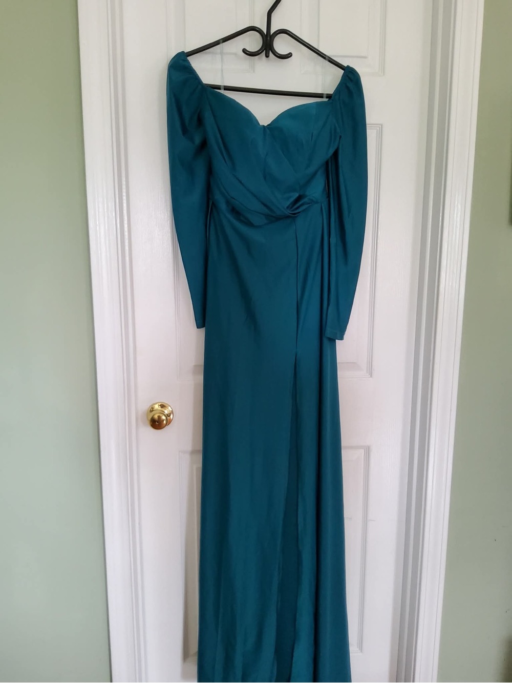 Teal Long-Sleeve Draped Evening Gown